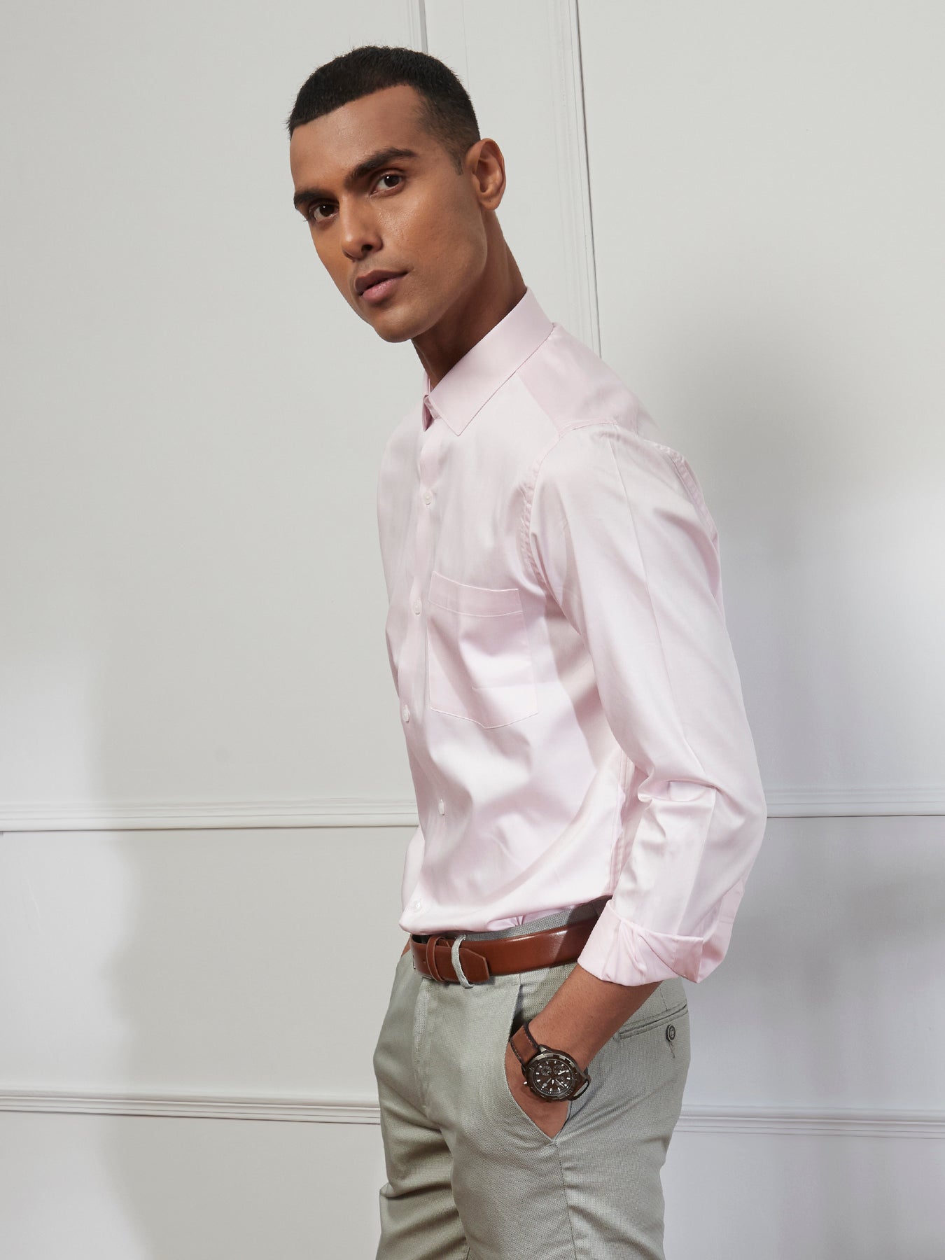 Cotton Pink Plain Slim Fit Full Sleeve Ceremonial Shirt