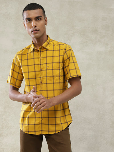 Cotton Khaki Checkered Half Sleeve Casual Shirt
