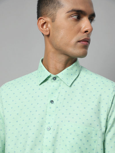 Cotton Melange Sea Green Printed Slim Fit Full Sleeve Formal Shirt