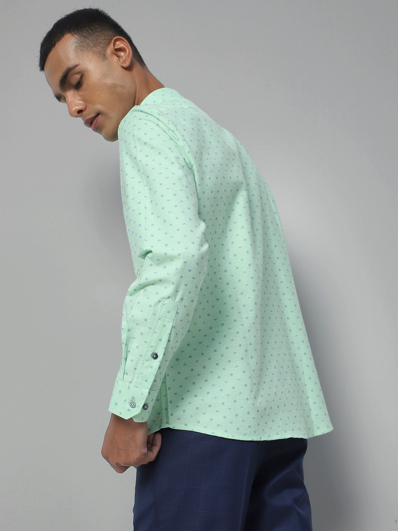 Cotton Melange Sea Green Printed Slim Fit Full Sleeve Formal Shirt
