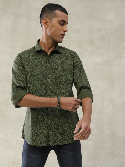 Cotton Tencel Green Printed Slim Fit Full Sleeve Casual Shirt
