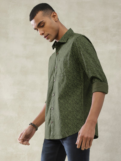 Cotton Tencel Green Printed Slim Fit Full Sleeve Casual Shirt