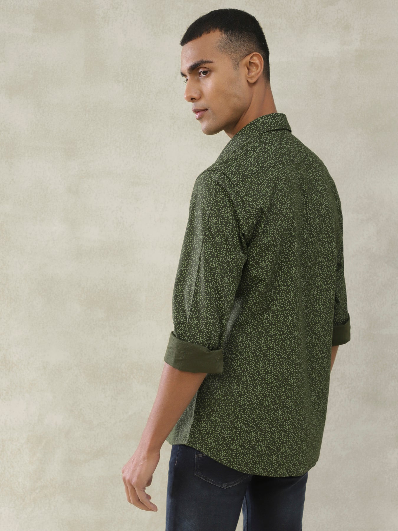 Cotton Tencel Green Printed Slim Fit Full Sleeve Casual Shirt