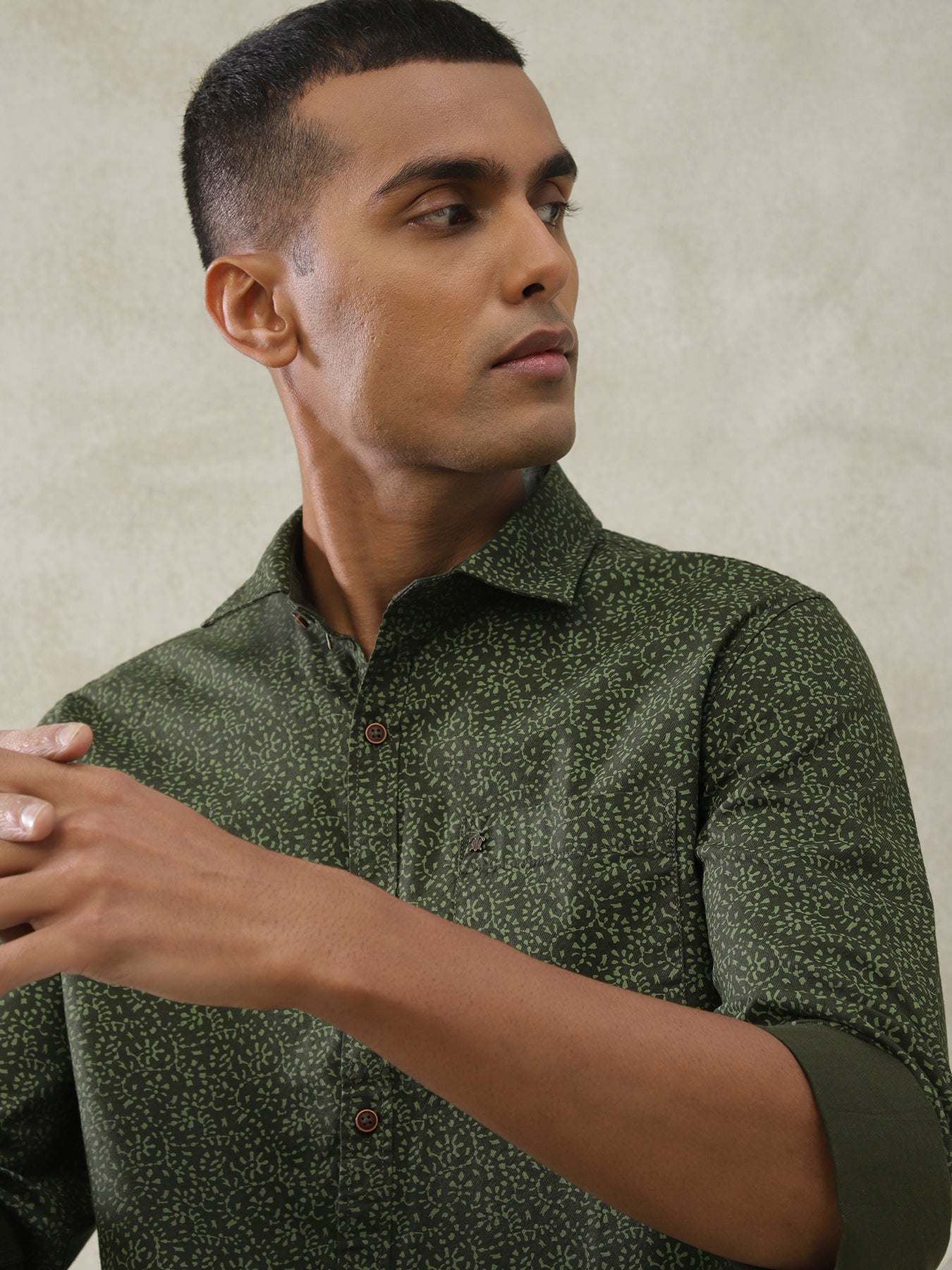 Cotton Tencel Green Printed Slim Fit Full Sleeve Casual Shirt