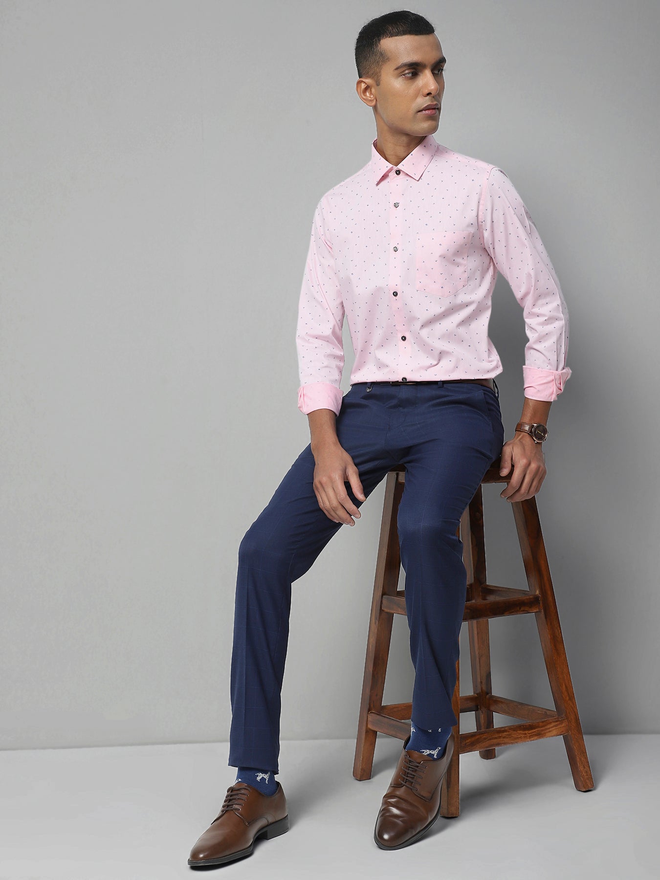 100% Cotton Light Pink Printed Regular Fit Full Sleeve Formal Shirt