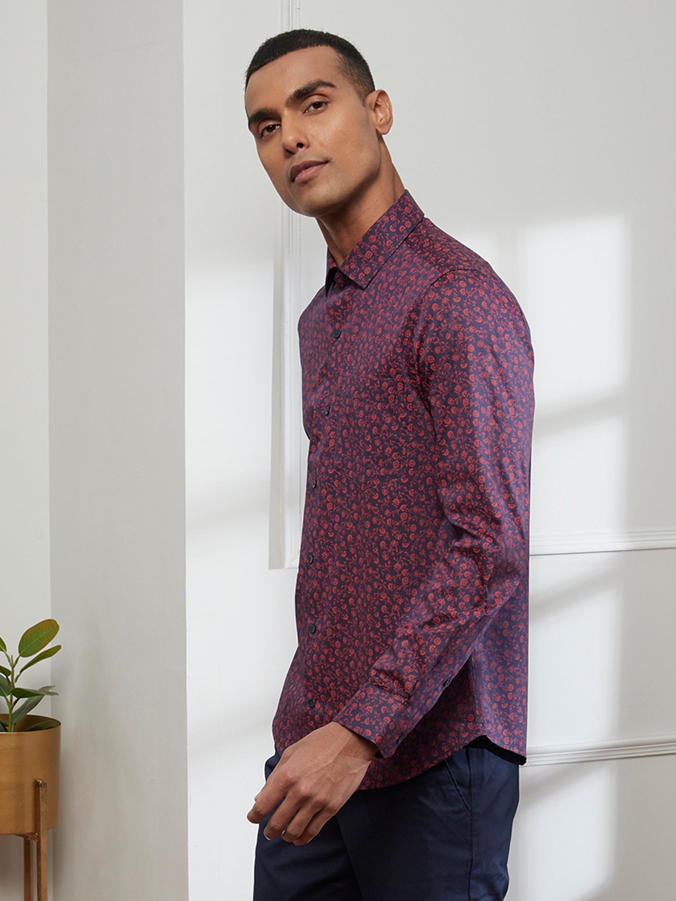 Cotton Tencel Red Printed Full Sleeve Ceremonial Shirt