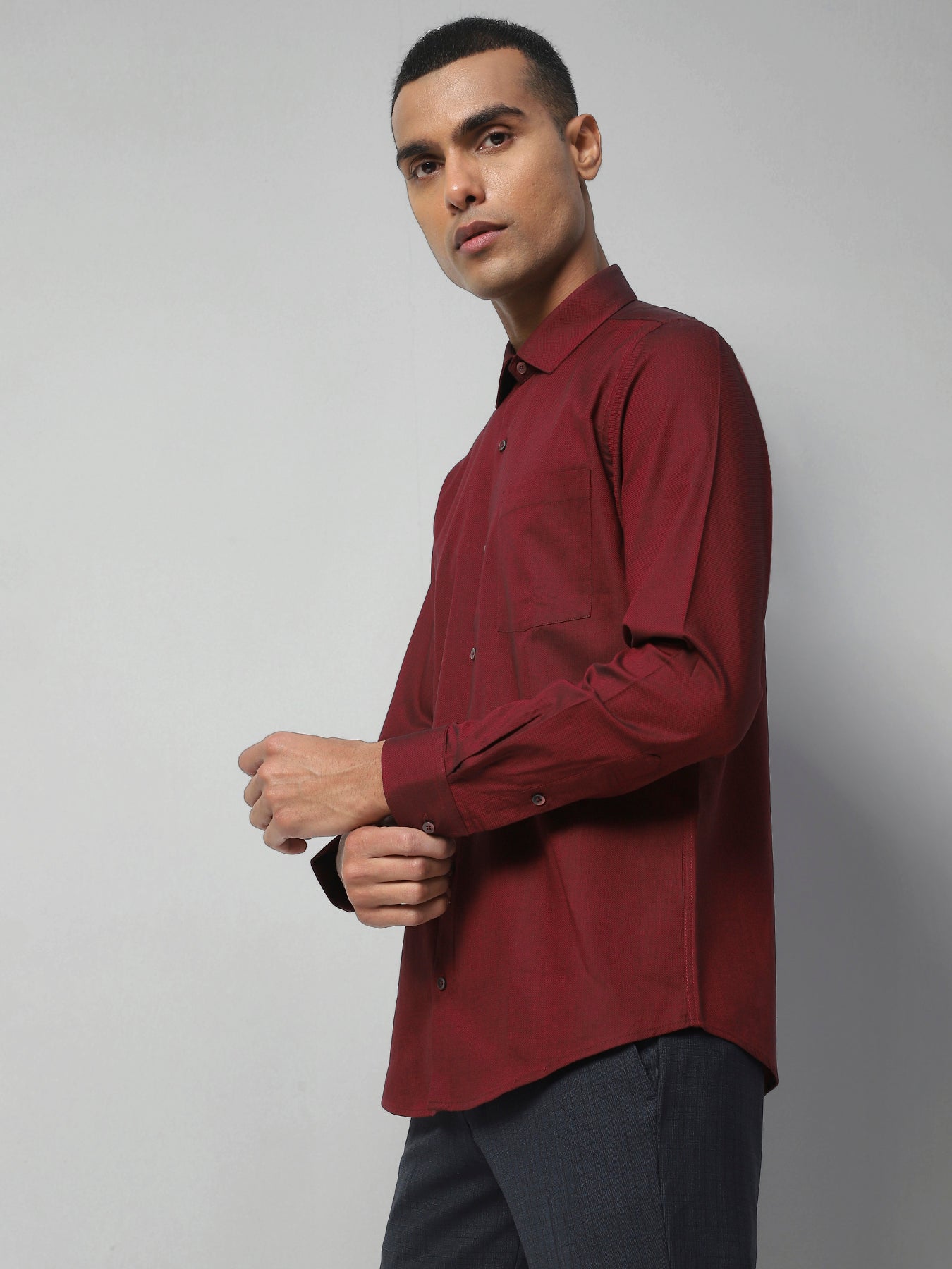 100% Cotton Maroon Dobby Slim Fit Full Sleeve Formal Shirt