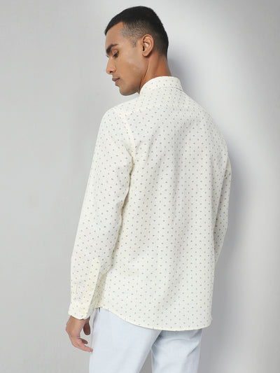 Cotton Linen Beige Printed Slim Fit Full Sleeve Formal Shirt