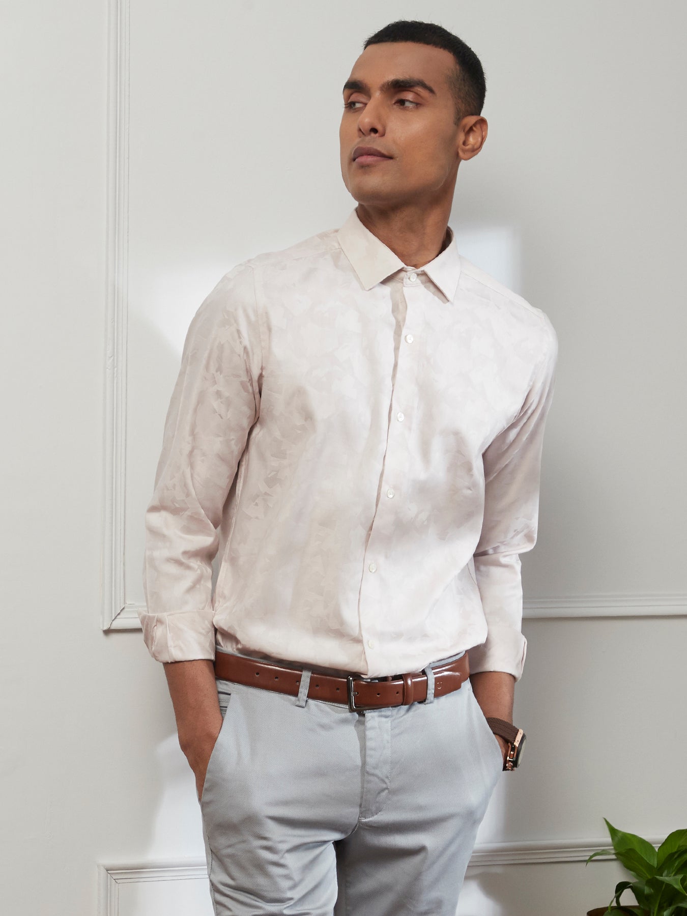 Cotton White Jacquard Slim Fit Full Sleeve Ceremonial Shirt