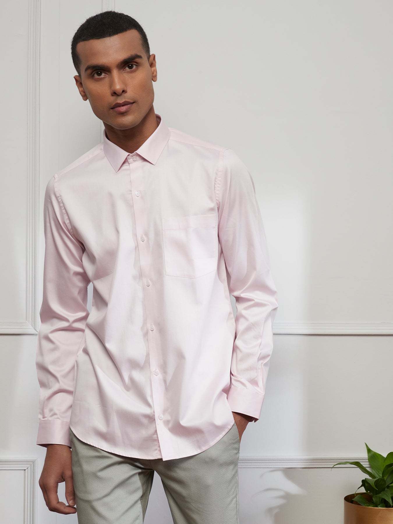 Cotton Pink Plain Slim Fit Full Sleeve Ceremonial Shirt