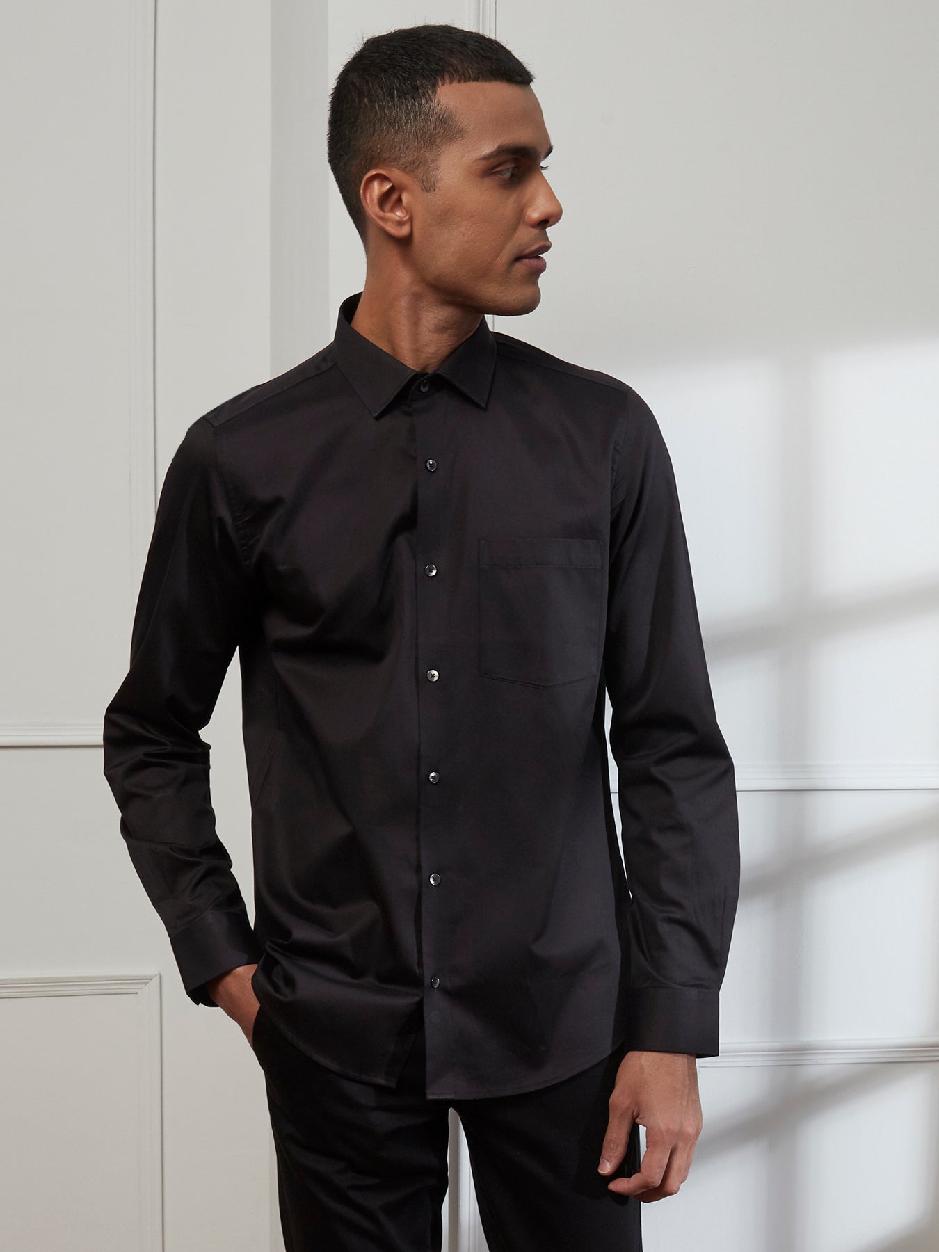 Cotton Black Plain Slim Fit Full Sleeve Ceremonial Shirt