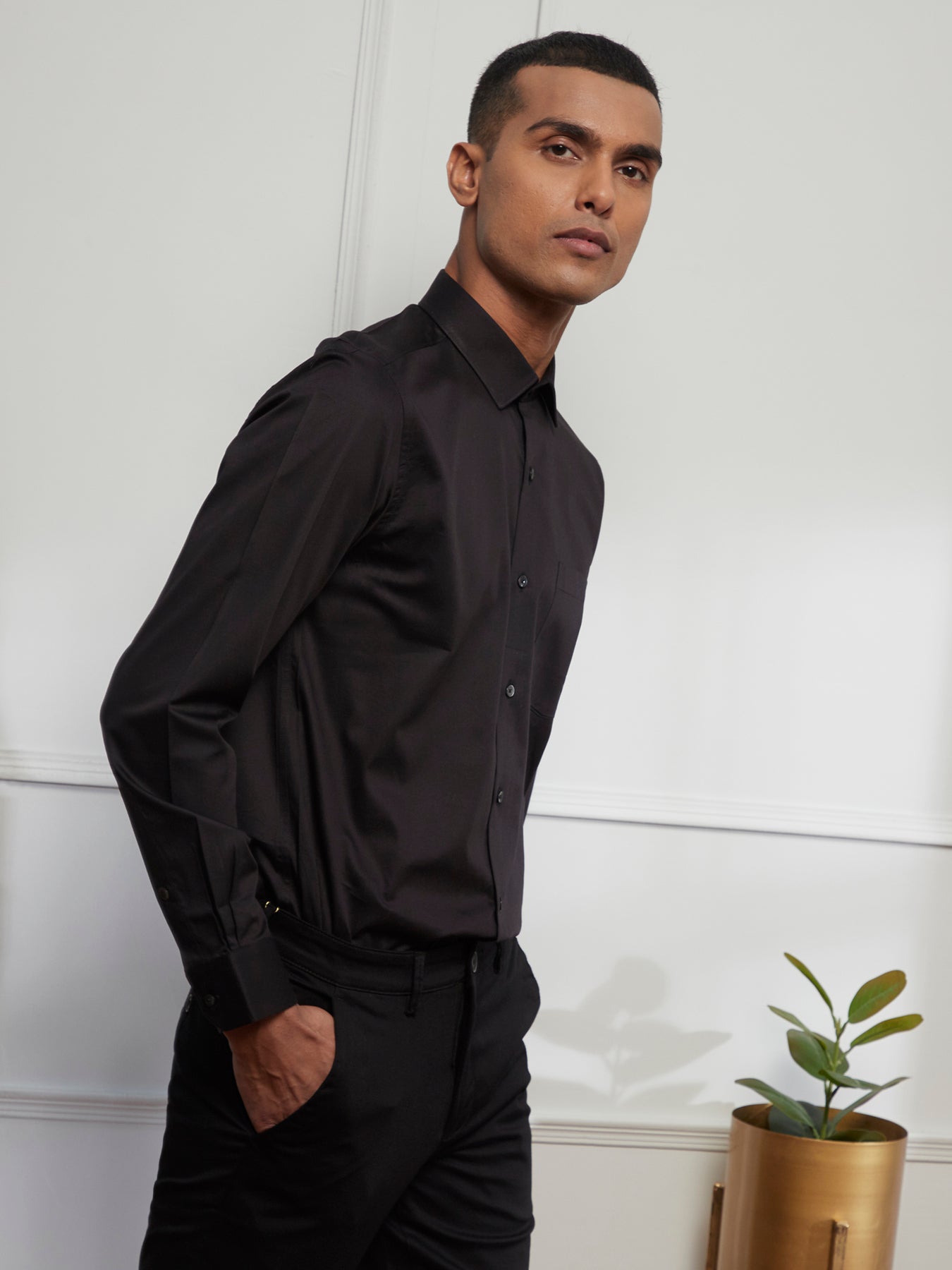 Cotton Black Plain Slim Fit Full Sleeve Ceremonial Shirt