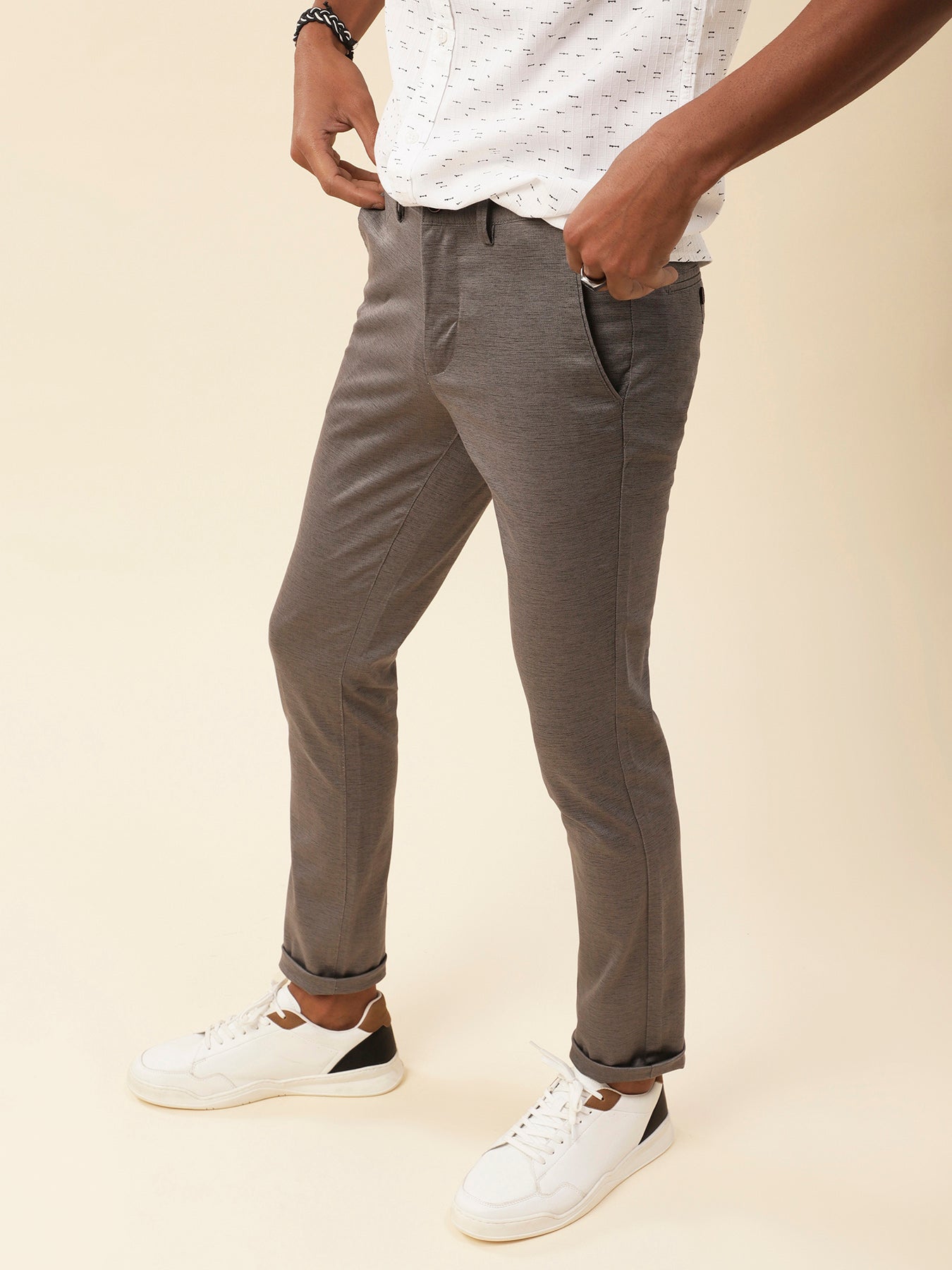Cotton Stretch Olive Printed Flat Front Casual Trouser