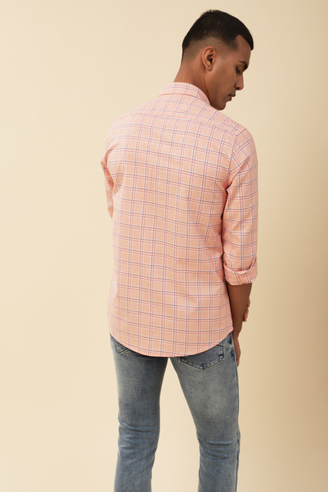 Cotton Peach Checkered Full Sleeve Casual Shirt
