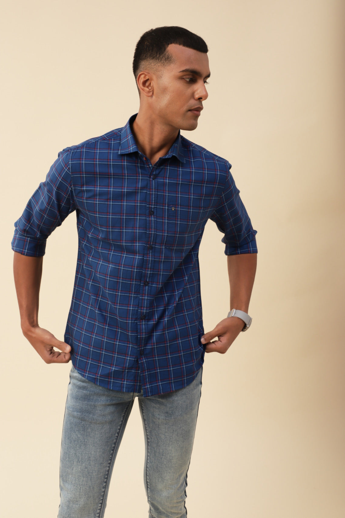 Cotton Royal Blue Checkered Full Sleeve Casual Shirt