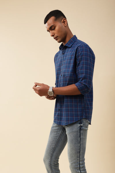 Cotton Royal Blue Checkered Full Sleeve Casual Shirt