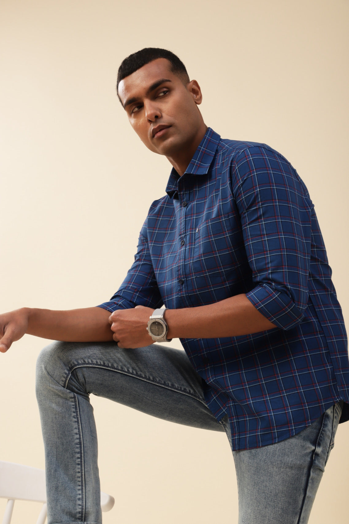 Cotton Royal Blue Checkered Full Sleeve Casual Shirt