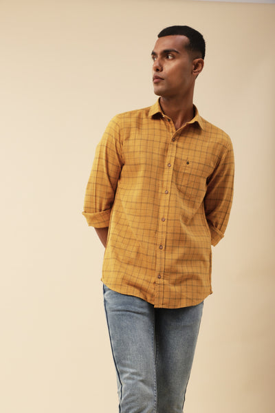 Cotton Lyocell Khaki Checkered Full Sleeve Casual Shirt