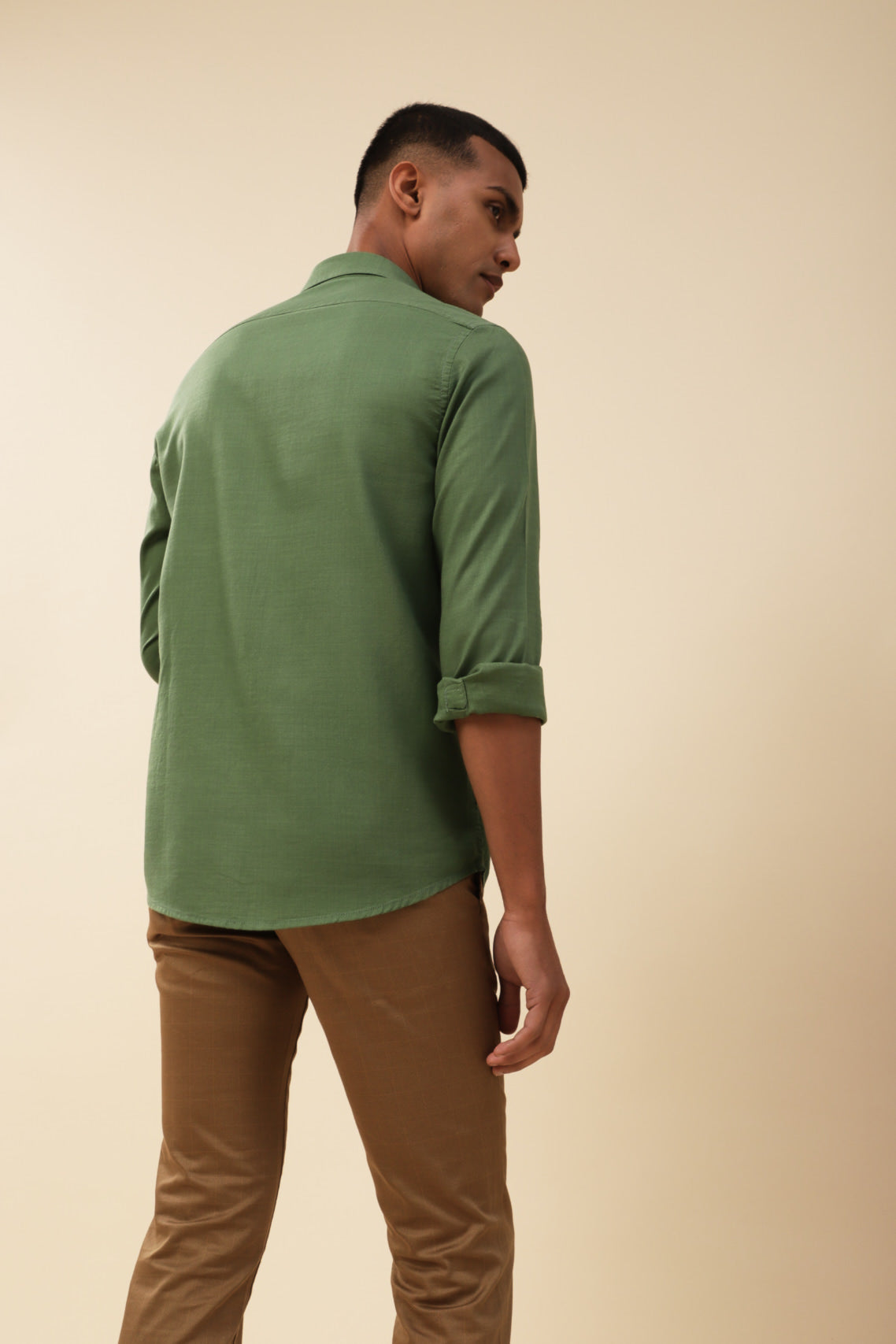 Cotton Lyocell Green Plain Slim Fit Full Sleeve Casual Shirt