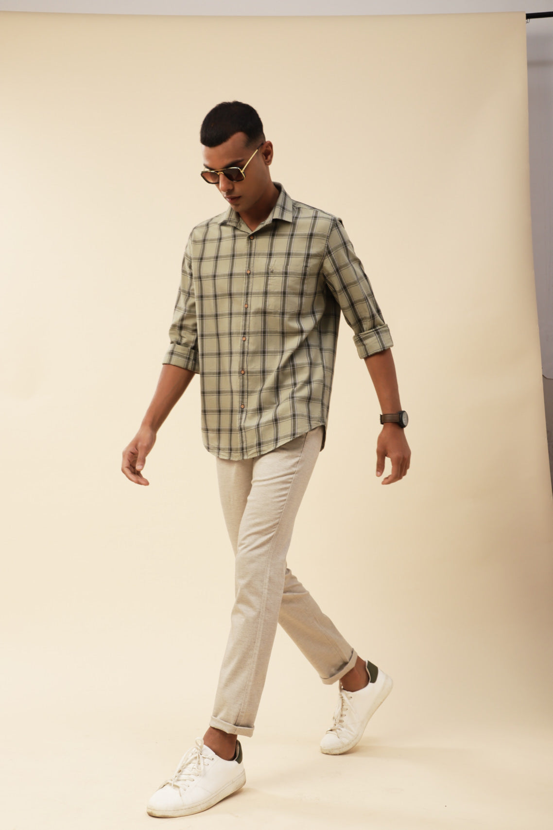 100% Cotton Green Checkered Slim Fit Full Sleeve Casual Shirt