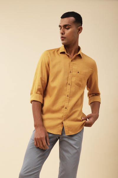 Cotton Lyocell Mustard Yellow Plain Slim Fit Full Sleeve Casual Shirt