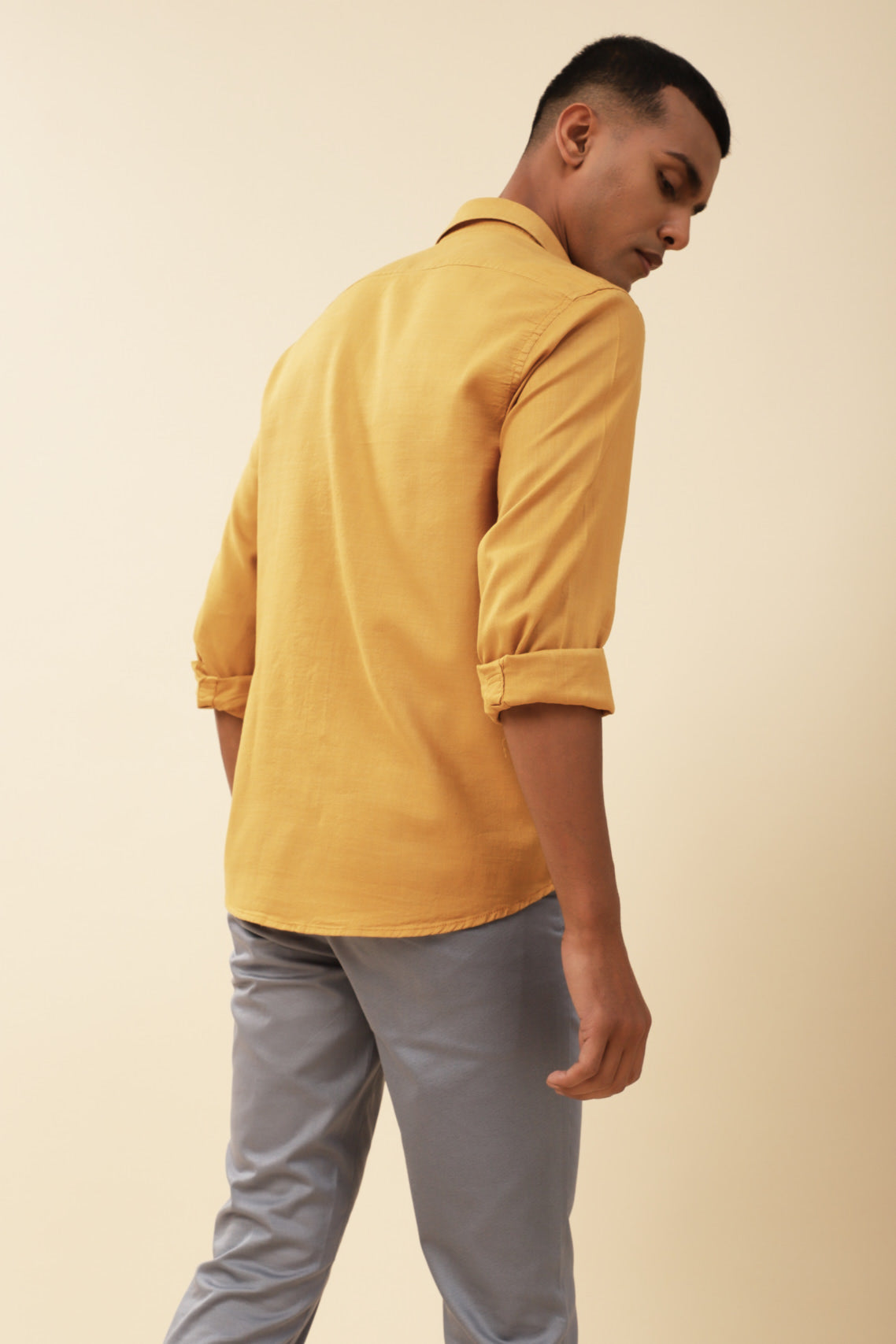 Cotton Lyocell Mustard Yellow Plain Slim Fit Full Sleeve Casual Shirt