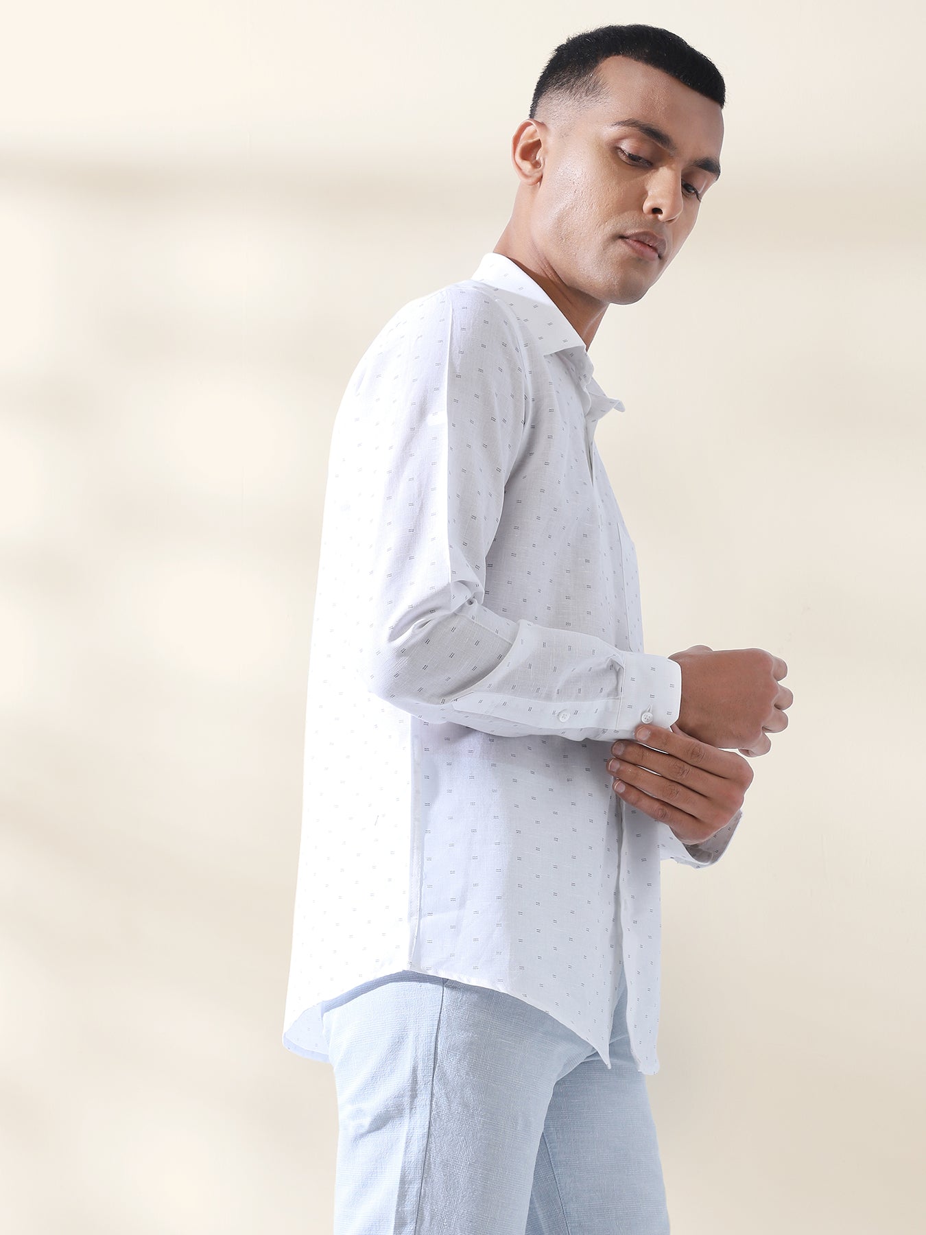 Cotton Linen White Printed Full Sleeve Formal Shirt