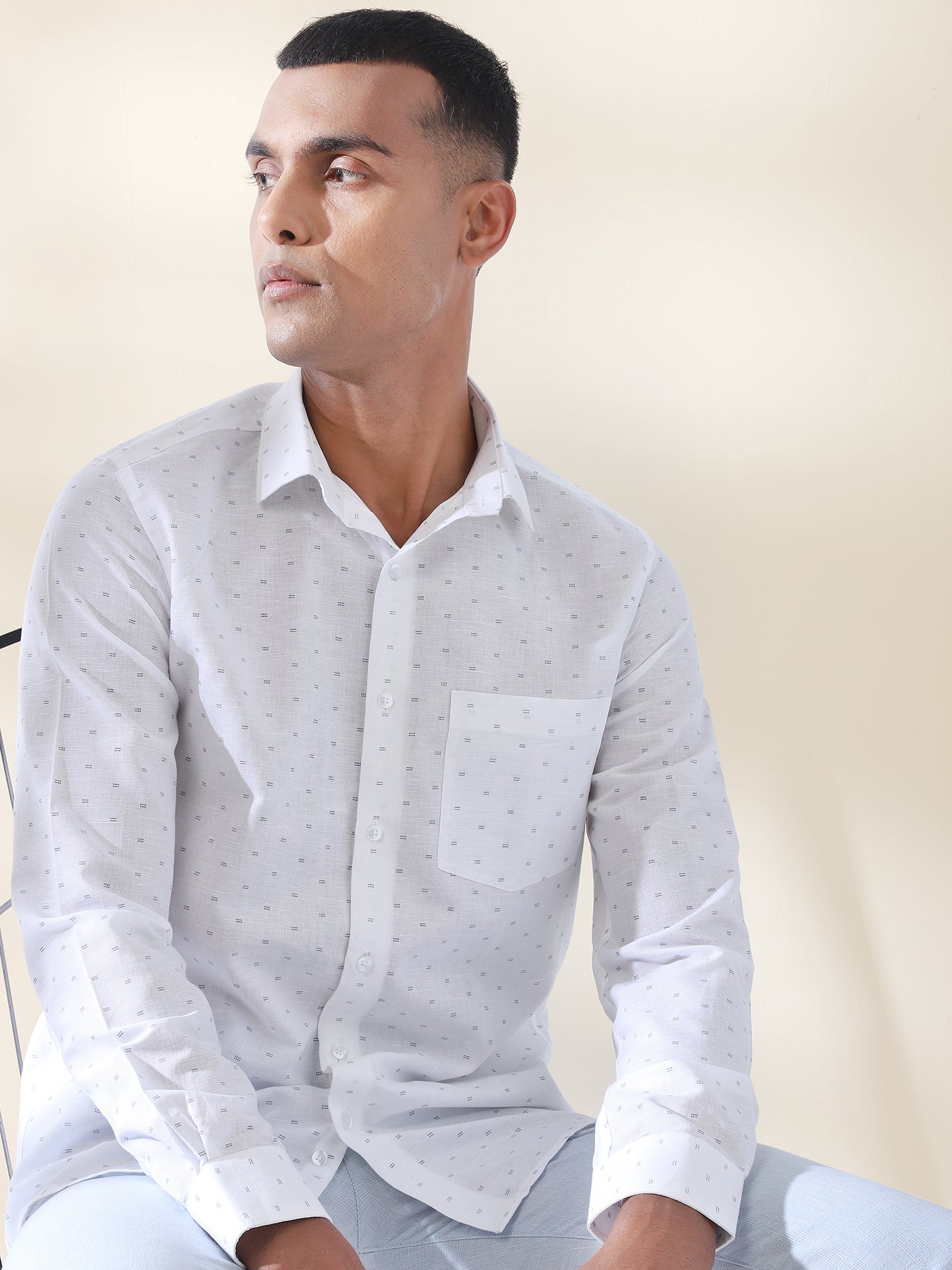 Cotton Linen White Printed Full Sleeve Formal Shirt