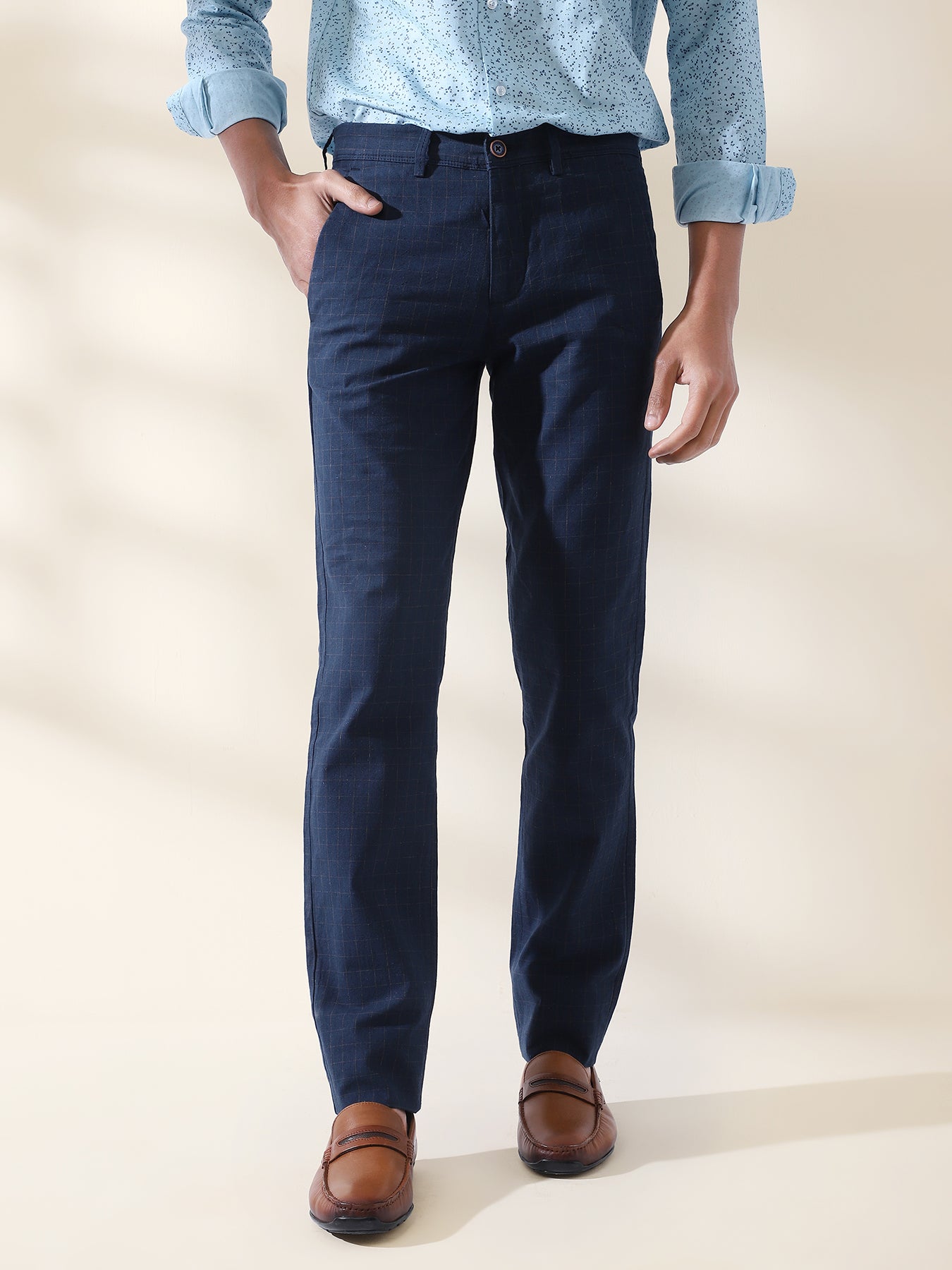 Cotton Linen Navy Blue Checkered Flat Front Casual Trouser