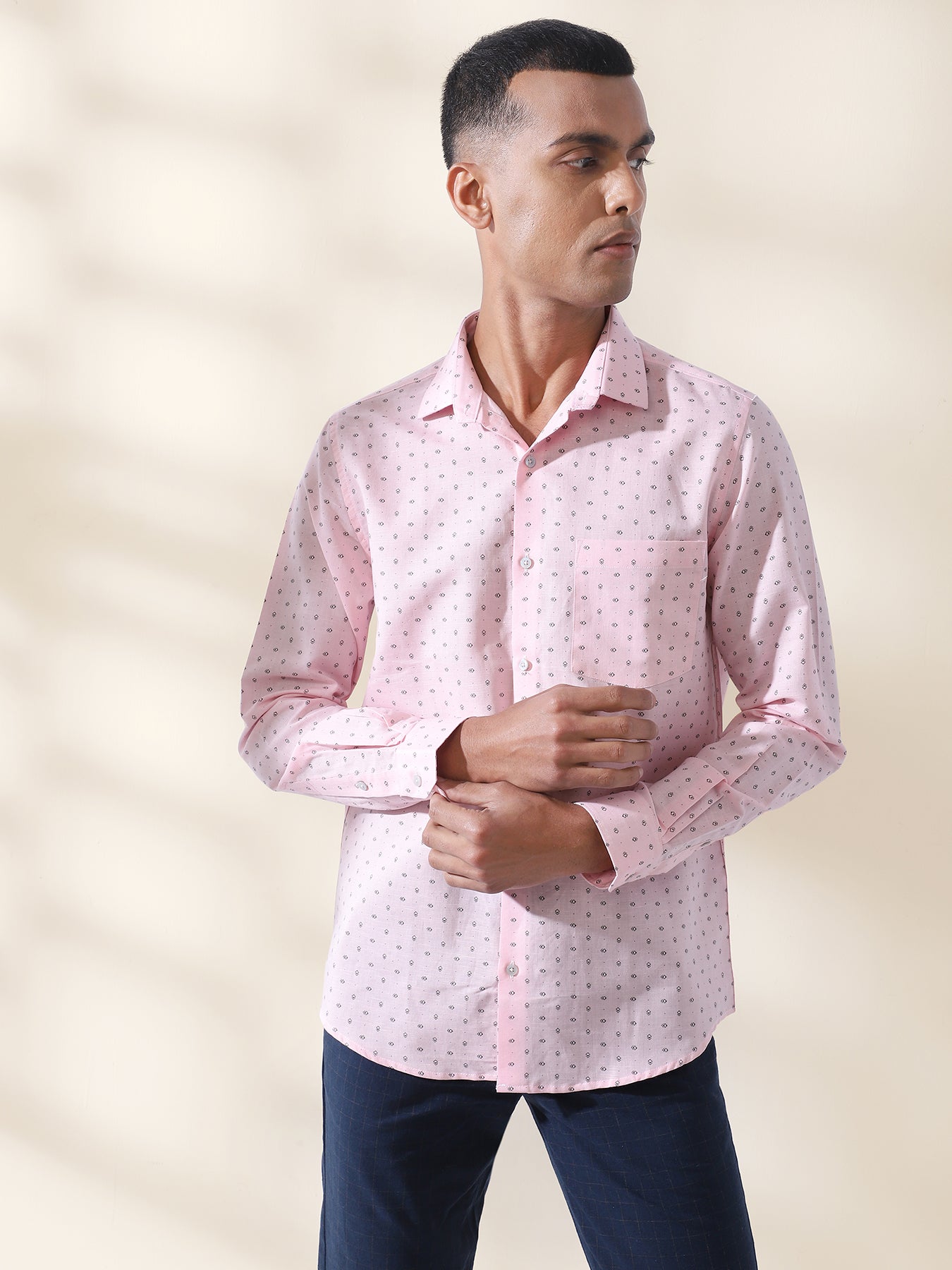Cotton Linen Pink Printed Full Sleeve Formal Shirt