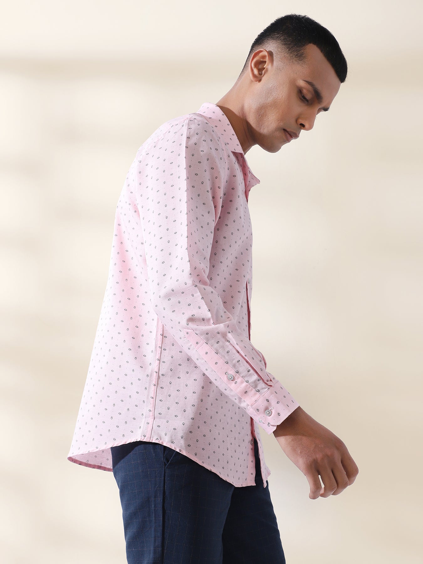Cotton Linen Pink Printed Full Sleeve Formal Shirt