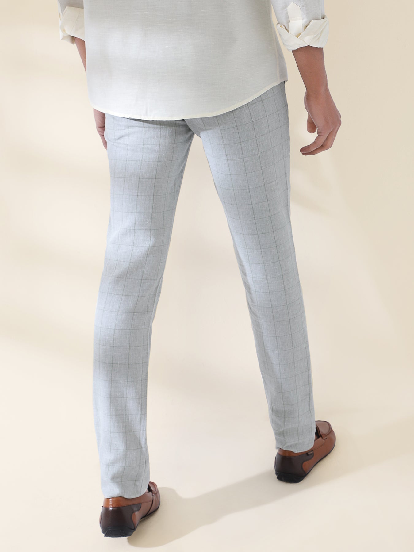 Cotton Linen Blue Checkered Flat Front Casual Trouser