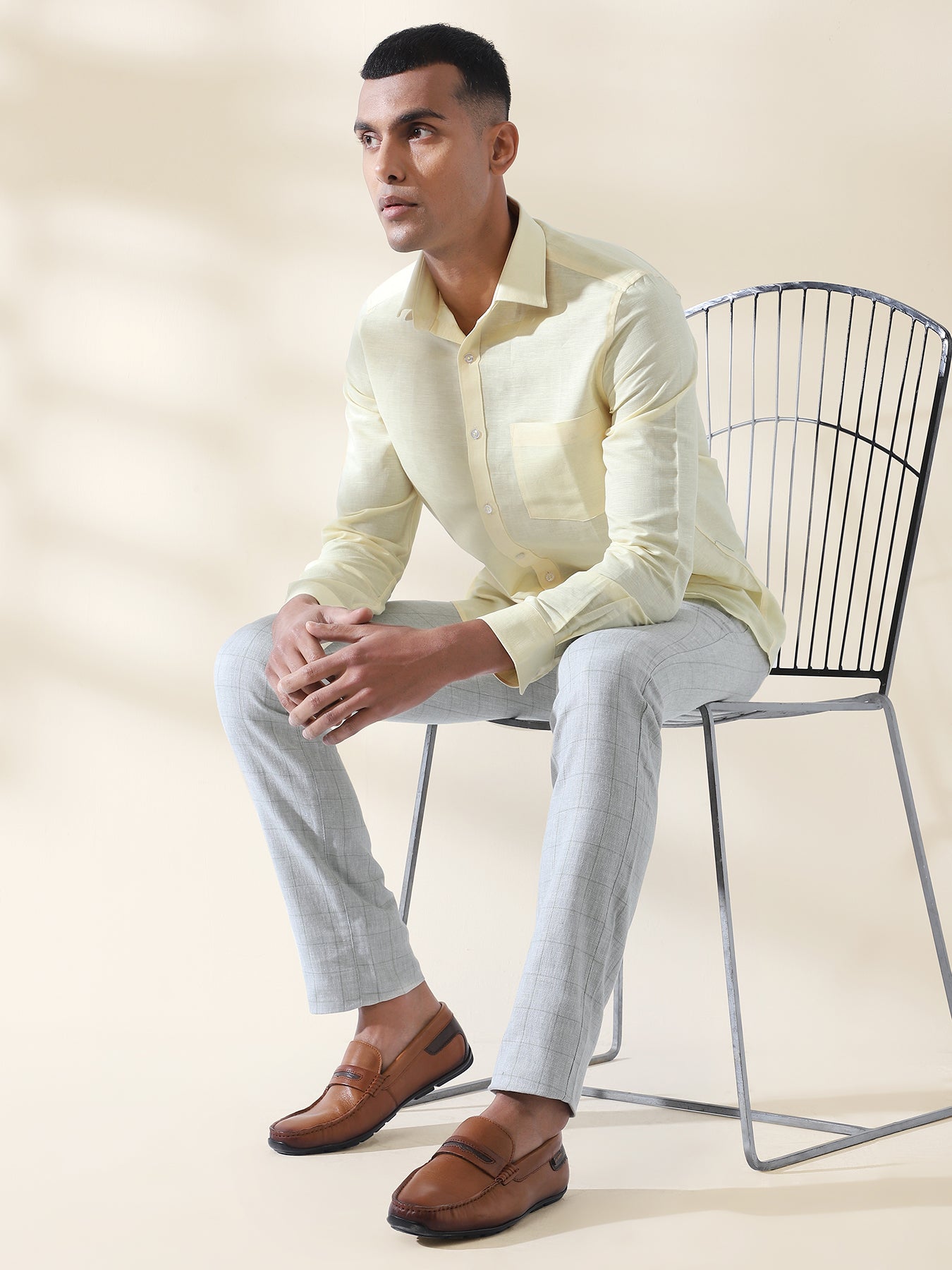 Cotton Linen Lemon Plain Full Sleeve Formal Shirt