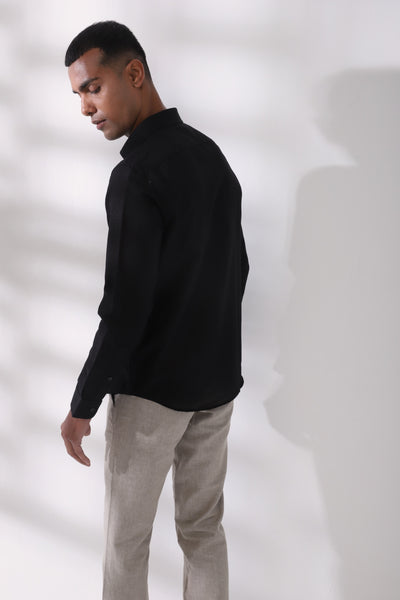 Cotton Linen Black Plain Full Sleeve Formal Shirt