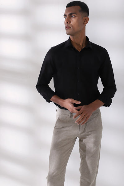 Cotton Linen Black Plain Full Sleeve Formal Shirt