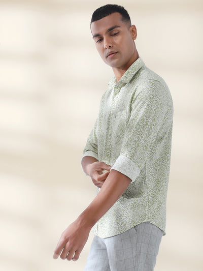 Excel Linen Green Printed Full Sleeve Casual Shirt