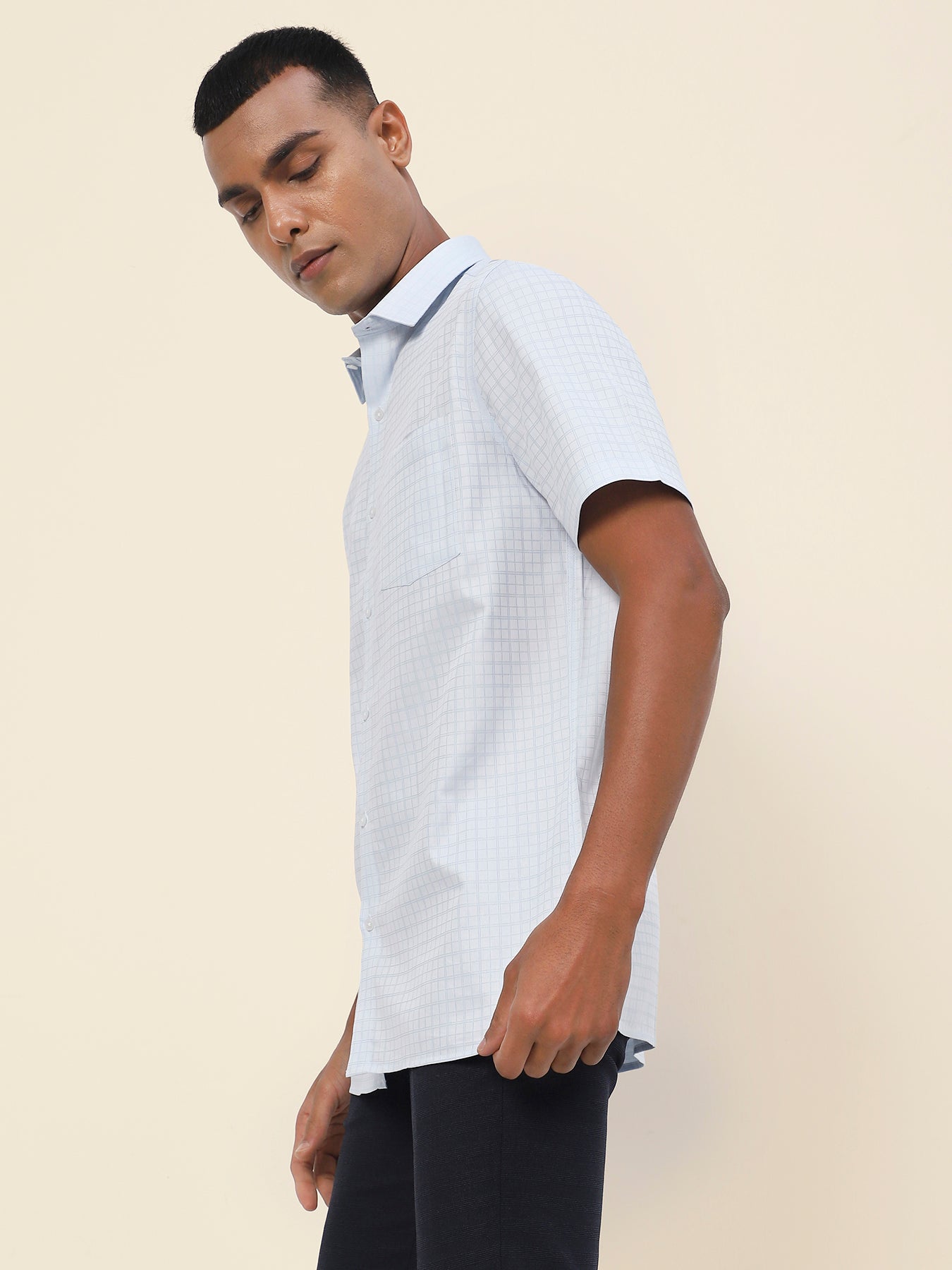Cotton Sky Blue Checkered Half Sleeve Formal Shirt