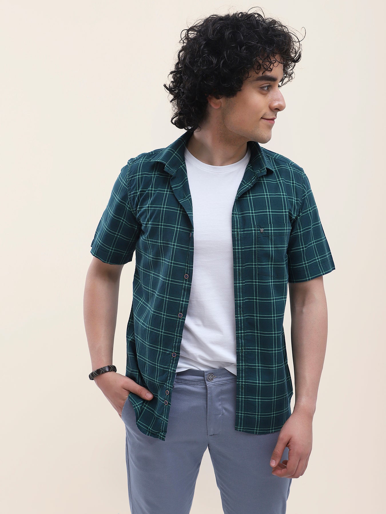Cotton Green Checkered Half Sleeve Casual Shirt