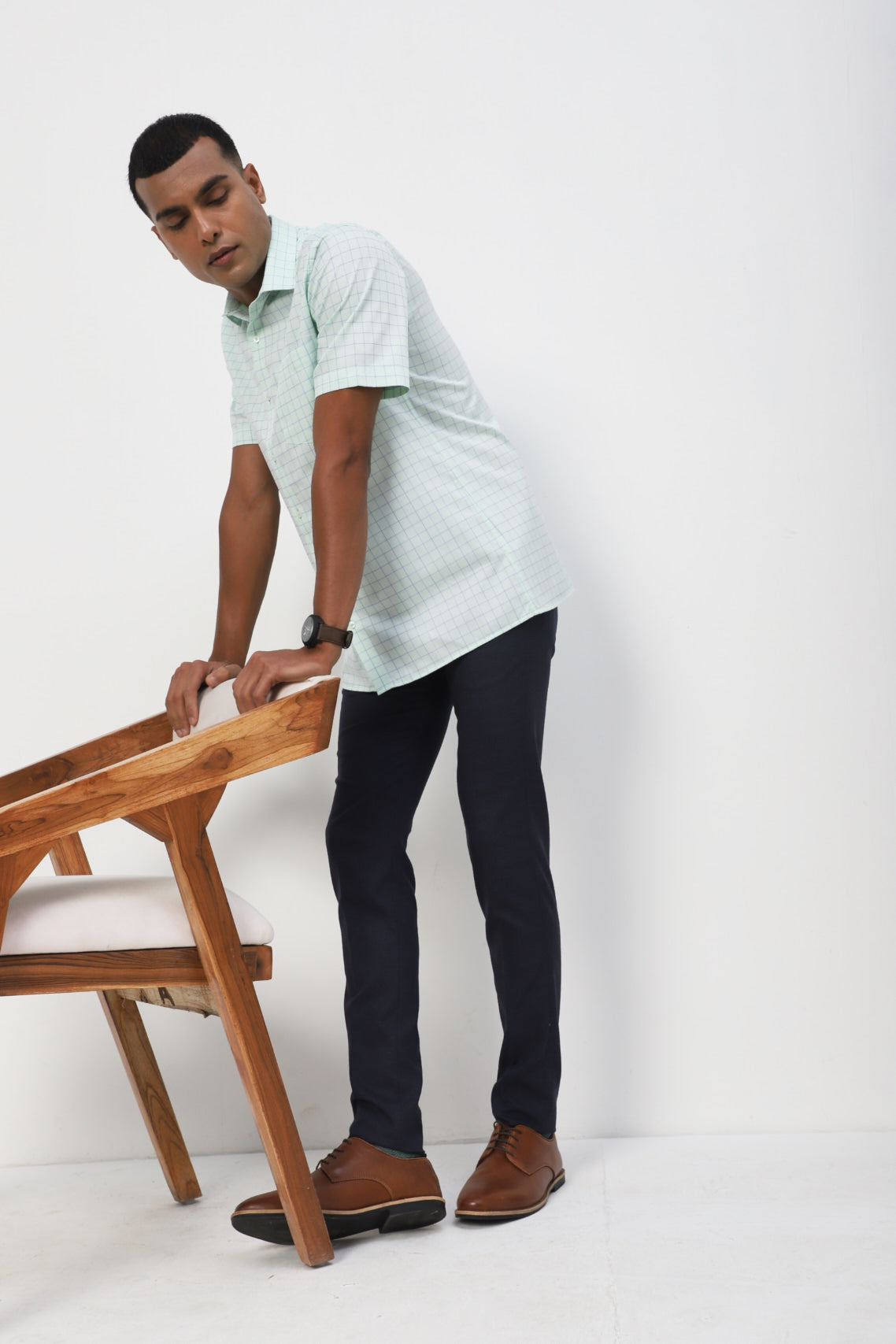 100% Cotton Green Checkered Regular Fit Half Sleeve Formal Shirt