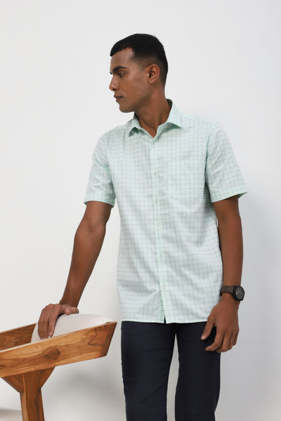 100% Cotton Green Checkered Regular Fit Half Sleeve Formal Shirt