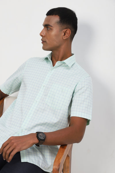 100% Cotton Green Checkered Regular Fit Half Sleeve Formal Shirt