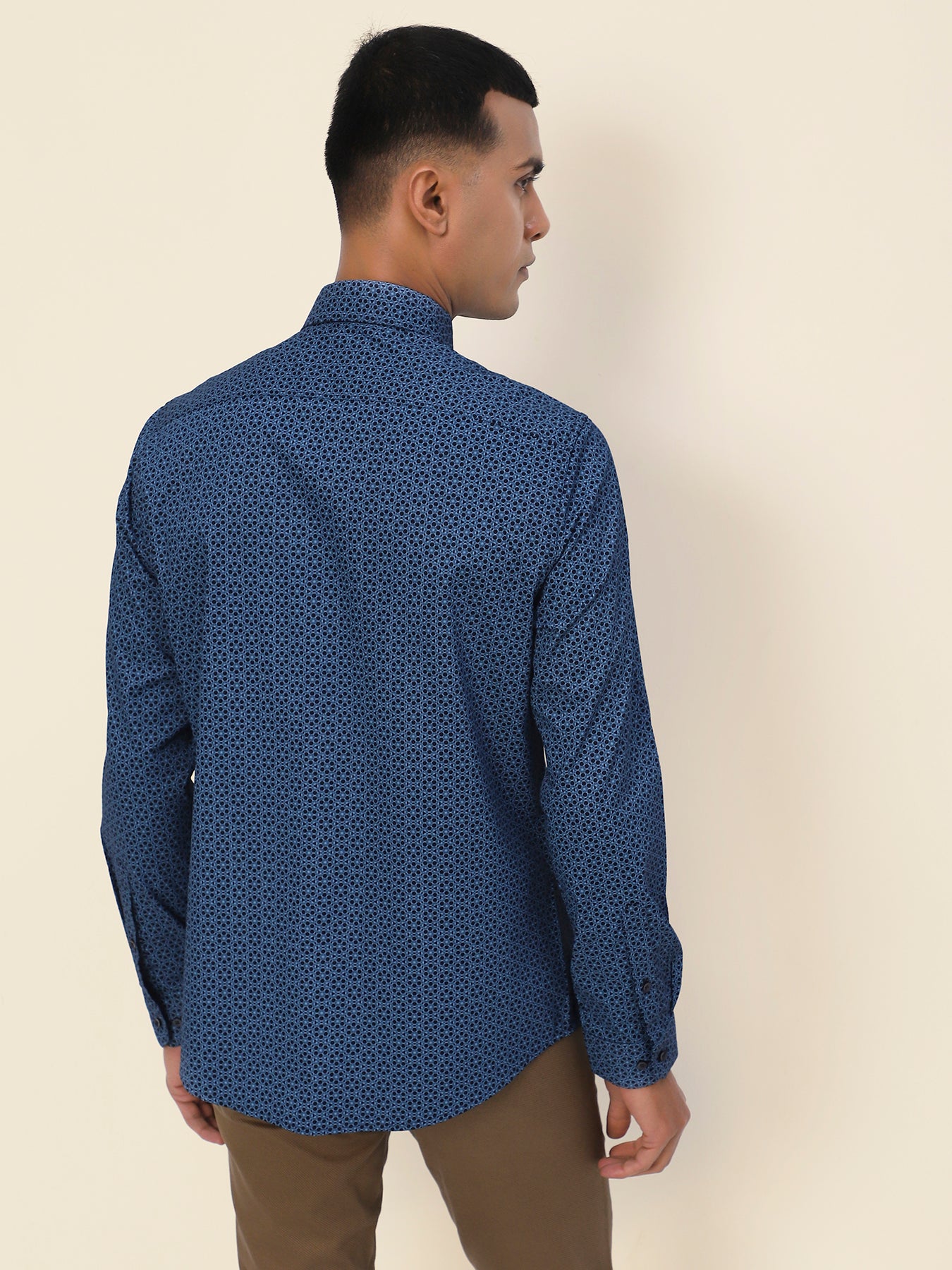 Cotton Navy Blue Printed Full Sleeve Formal Shirt