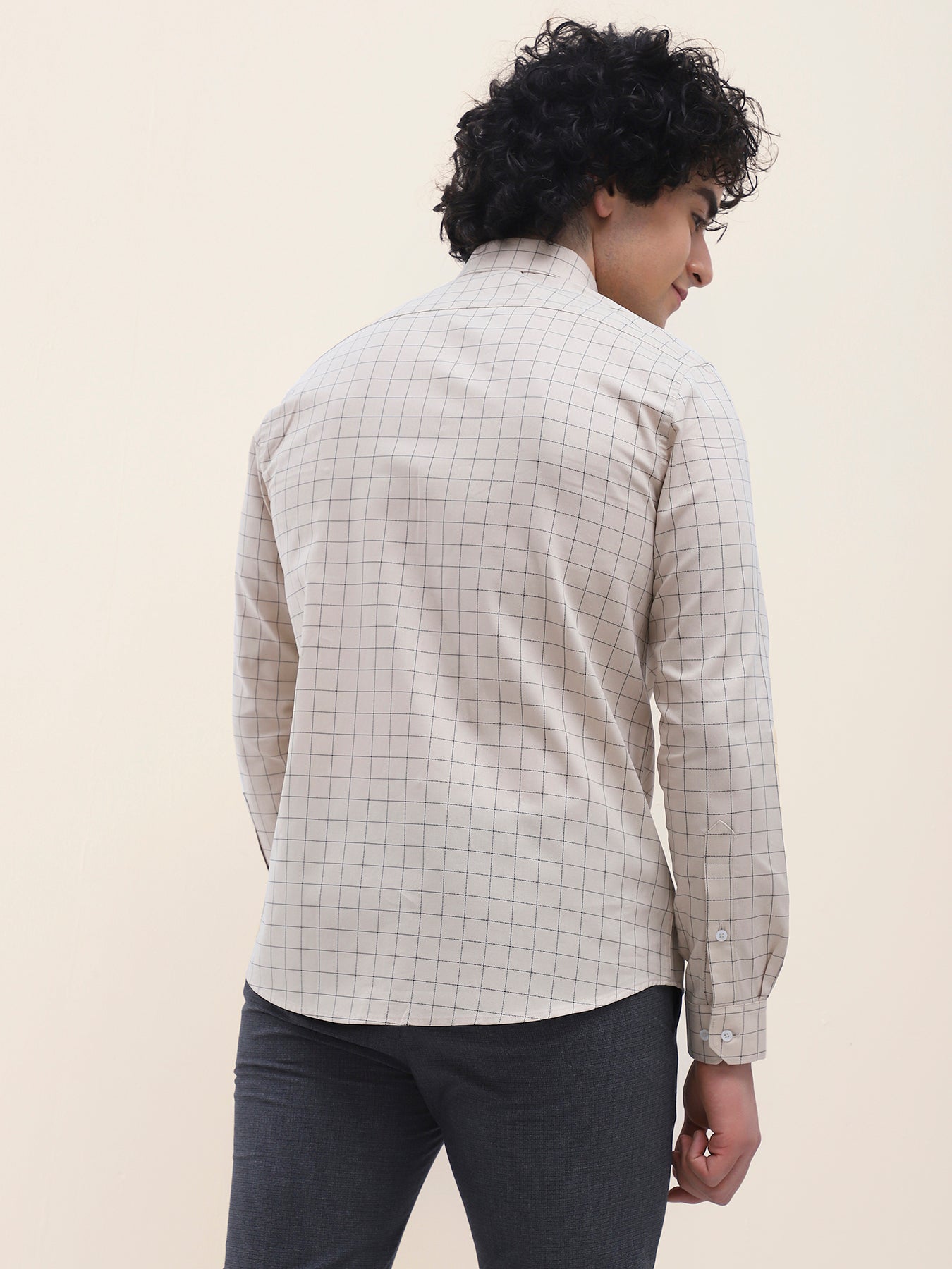 Cotton Beige Checkered Full Sleeve Formal Shirt