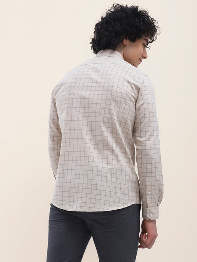 Cotton Beige Checkered Full Sleeve Formal Shirt