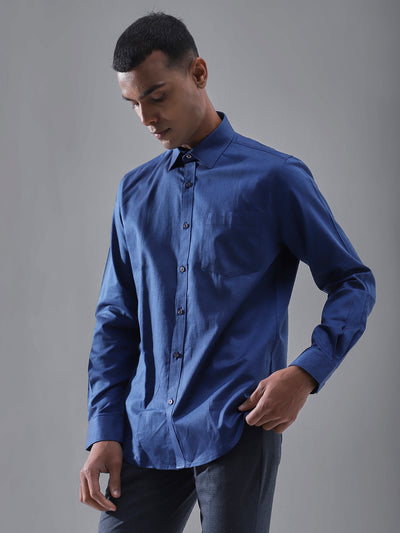 Cotton Navy Blue Dobby Full Sleeve Formal Shirt