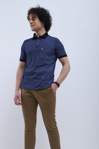 Cotton Stretch Navy Blue Printed Polo Neck Half Sleeve Casual T-Shirt