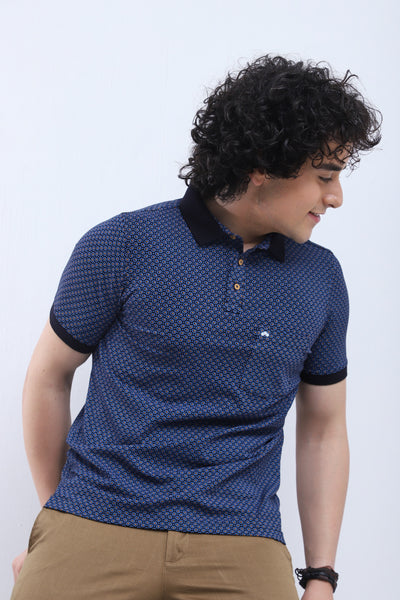 Cotton Stretch Navy Blue Printed Polo Neck Half Sleeve Casual T-Shirt