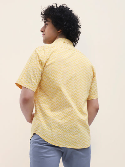 Cotton Yellow Printed Half Sleeve Casual Shirt