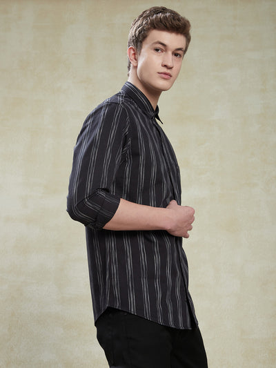 100% Cotton Black Striped Slim Fit Full Sleeve Casual Shirt