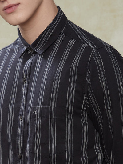 100% Cotton Black Striped Slim Fit Full Sleeve Casual Shirt